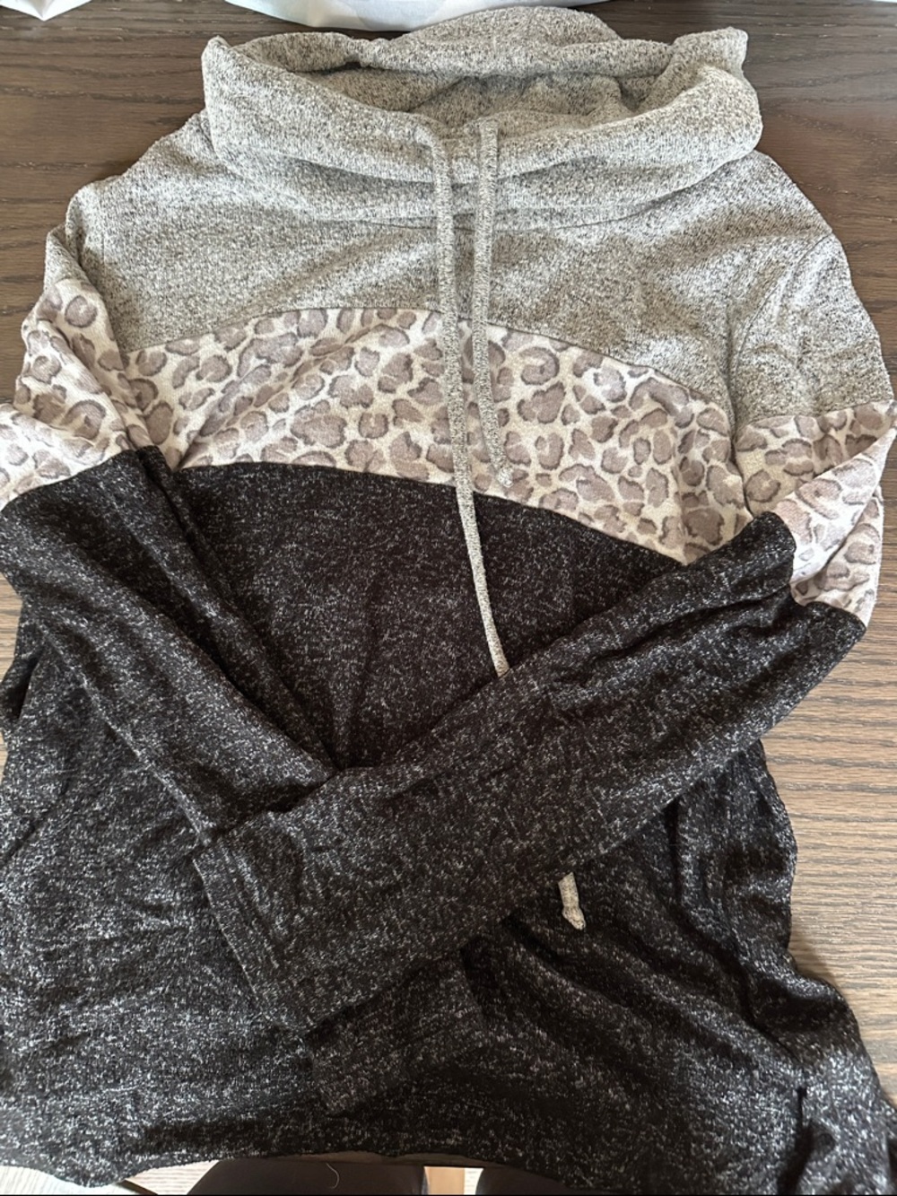 Market & Spruce Colorblock Pullover Hoodie in Light Gray, Leopard, and Dark Gray